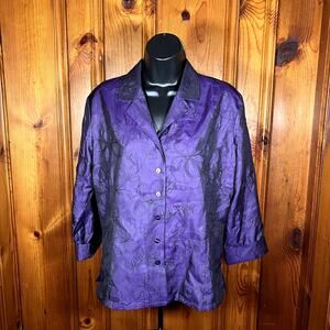 Anne Carson M Whimsygoth Floral Embroidered Button Up Blouse Purple
